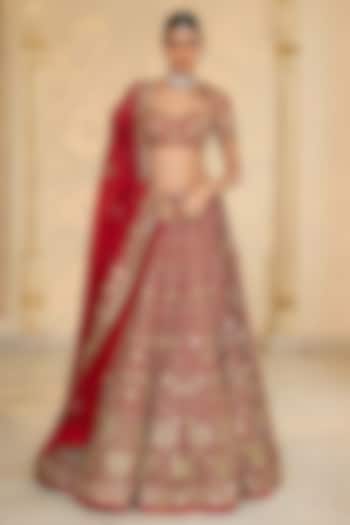 Red & Gold Organza Floral Hand Embroidered Bridal Lehenga Set by Arpita Mehta at Pernia's Pop Up Shop