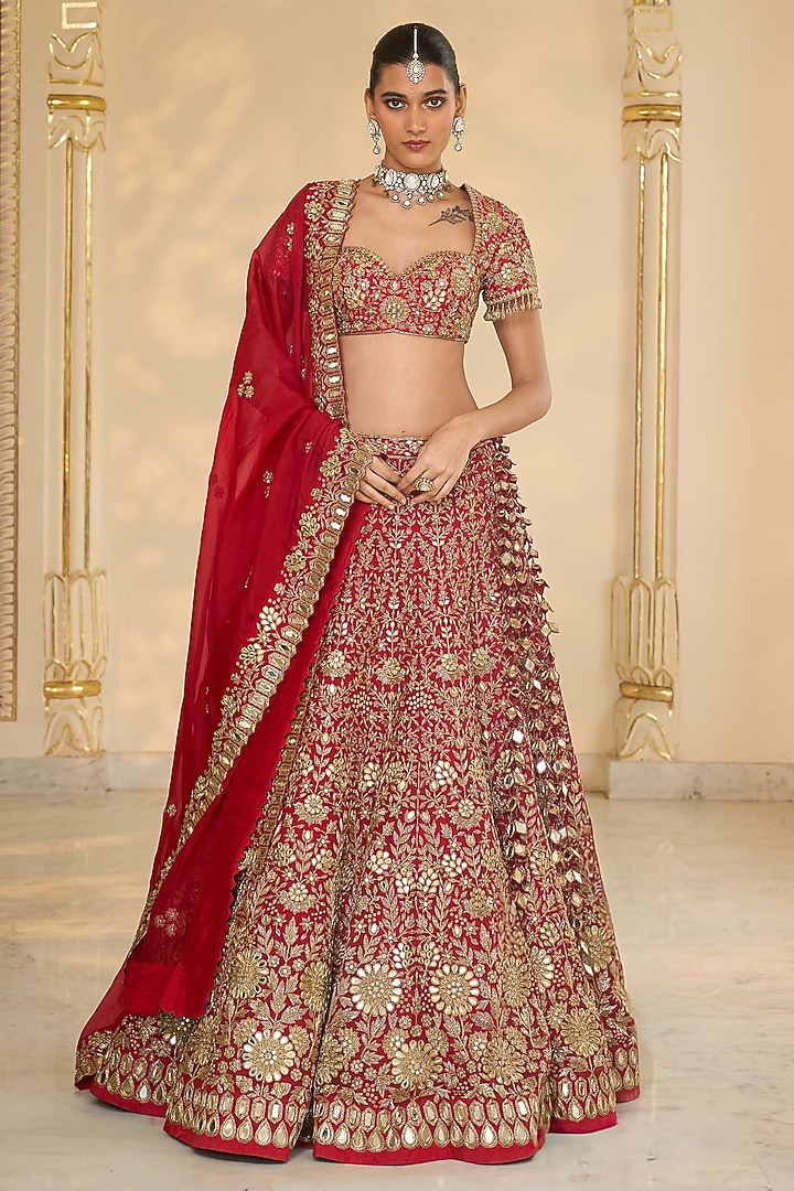 Red & Gold Organza Floral Hand Embroidered Bridal Lehenga Set by Arpita Mehta at Pernia's Pop Up Shop