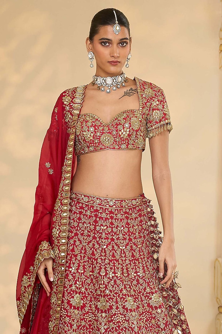 Red & Gold Organza Floral Hand Embroidered Bridal Lehenga Set by Arpita Mehta at Pernia's Pop Up Shop