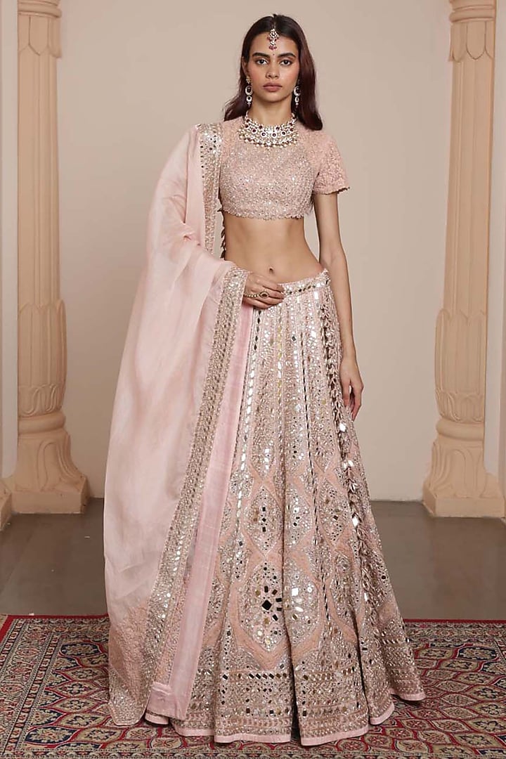 Dusty Pink Organza Mirror & Thread Embroidered Bridal Lehenga Set by Arpita Mehta at Pernia's Pop Up Shop