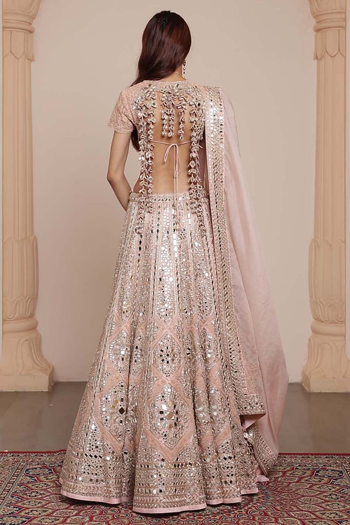 Dusty Pink Organza Mirror & Thread Embroidered Bridal Lehenga Set by Arpita Mehta at Pernia's Pop Up Shop