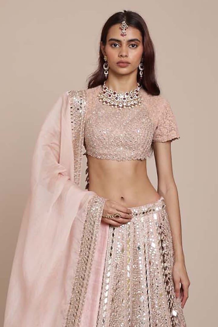 Dusty Pink Organza Mirror & Thread Embroidered Bridal Lehenga Set by Arpita Mehta at Pernia's Pop Up Shop