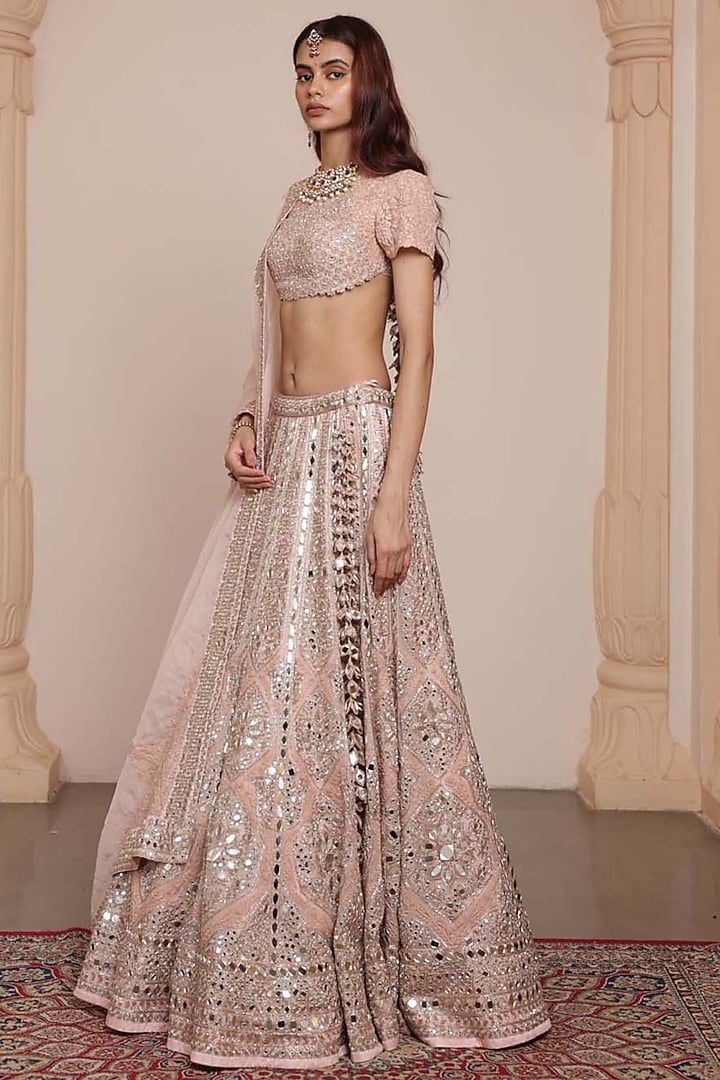 Dusty Pink Organza Mirror & Thread Embroidered Bridal Lehenga Set by Arpita Mehta at Pernia's Pop Up Shop