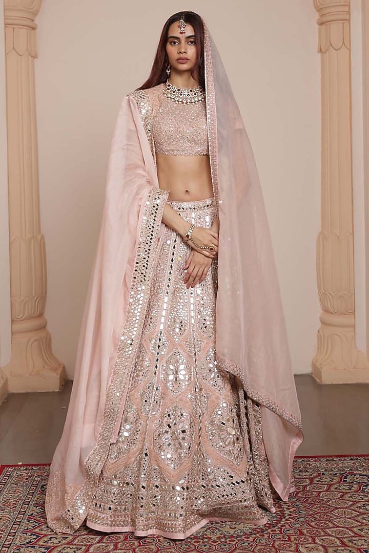 Dusty Pink Organza Mirror & Thread Embroidered Bridal Lehenga Set by Arpita Mehta at Pernia's Pop Up Shop