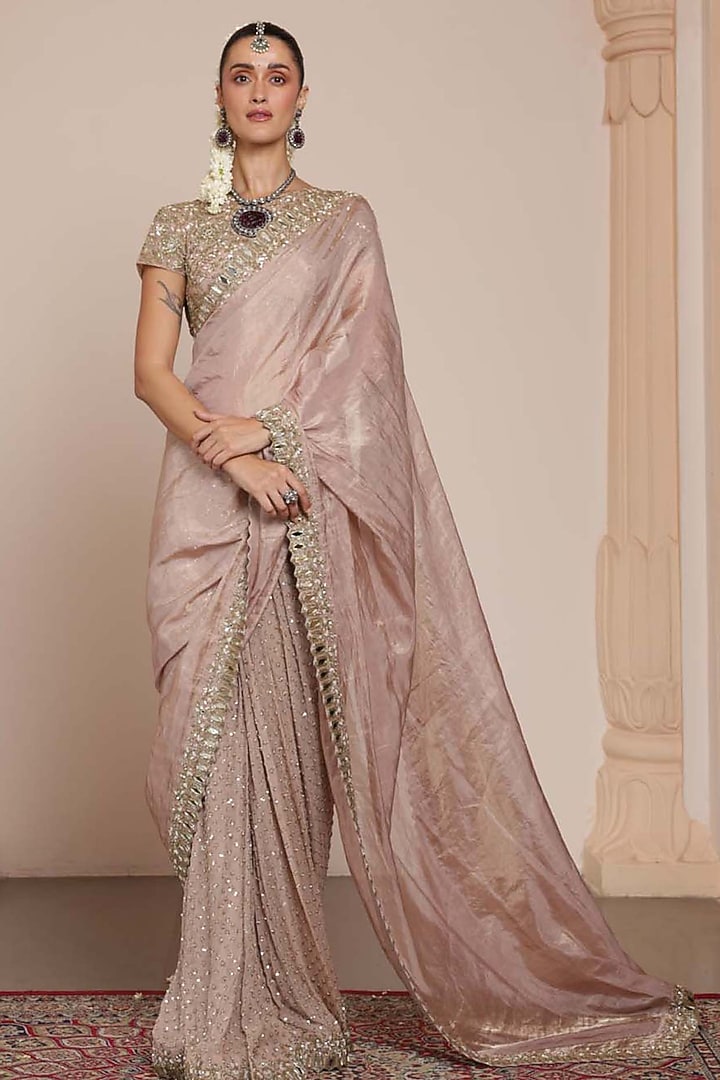 Old Rose Silk Tissue Bridal Saree Set by Arpita Mehta at Pernia's Pop Up Shop