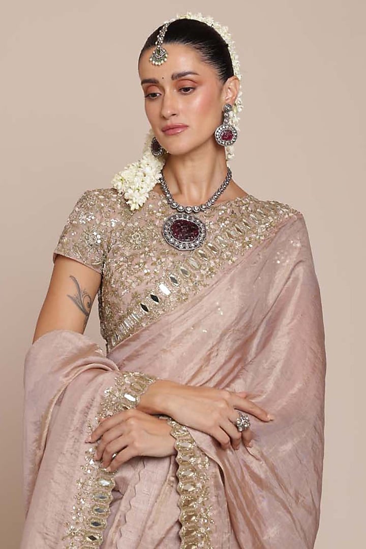 Old Rose Silk Tissue Bridal Saree Set by Arpita Mehta at Pernia's Pop Up Shop