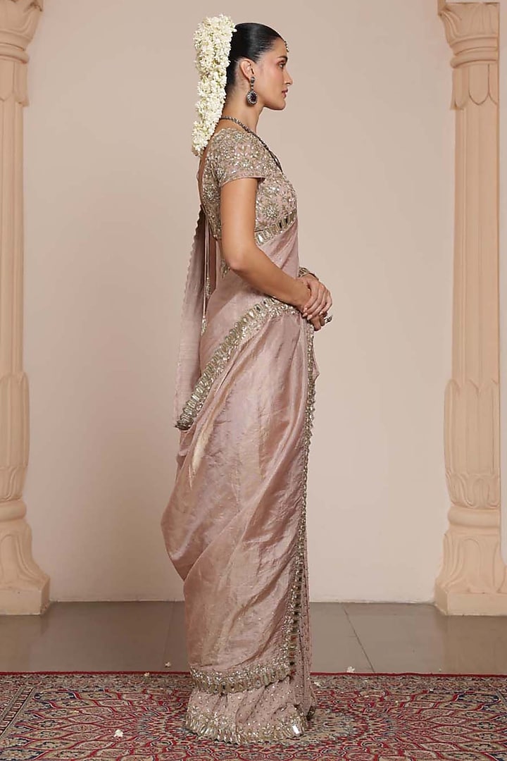 Old Rose Silk Tissue Bridal Saree Set by Arpita Mehta at Pernia's Pop Up Shop