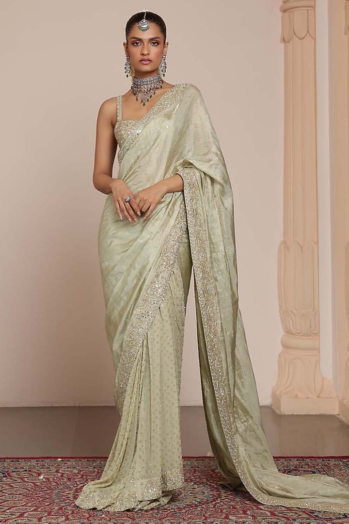 Sea Green Silk Tissue Bridal Saree Set by Arpita Mehta at Pernia's Pop Up Shop