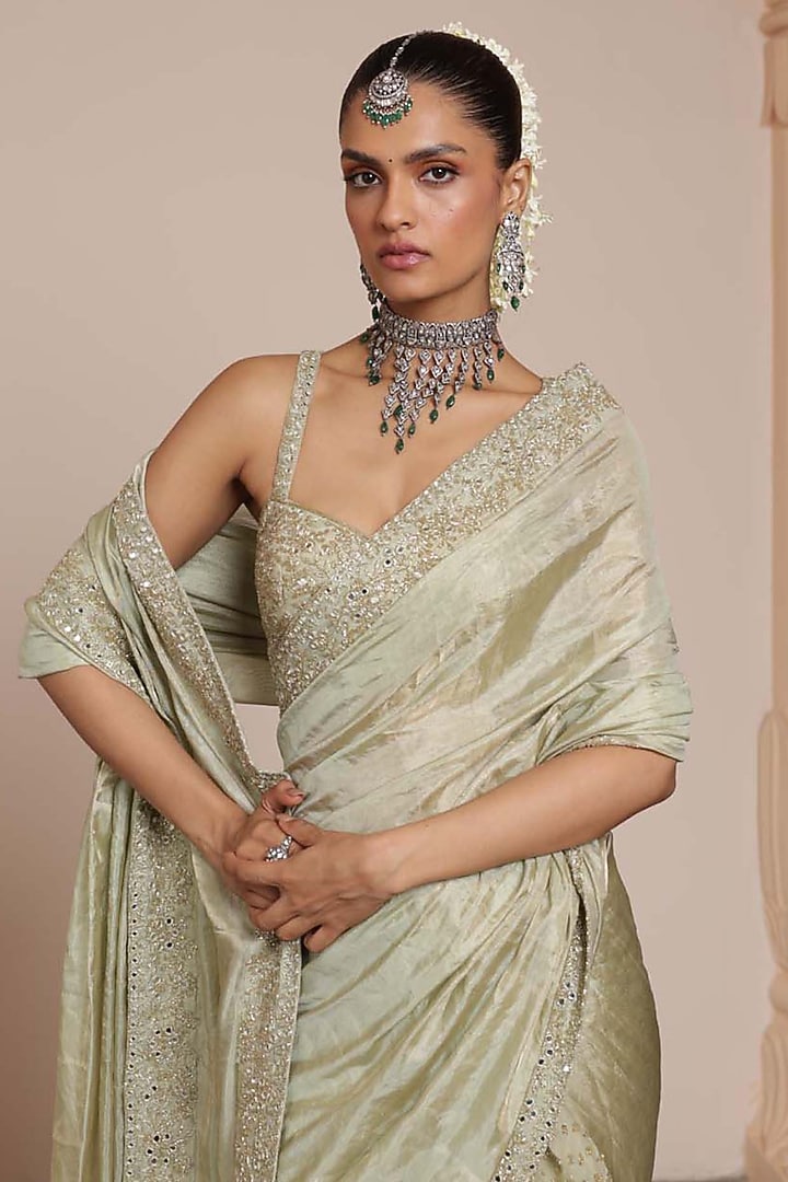 Sea Green Silk Tissue Bridal Saree Set by Arpita Mehta at Pernia's Pop Up Shop
