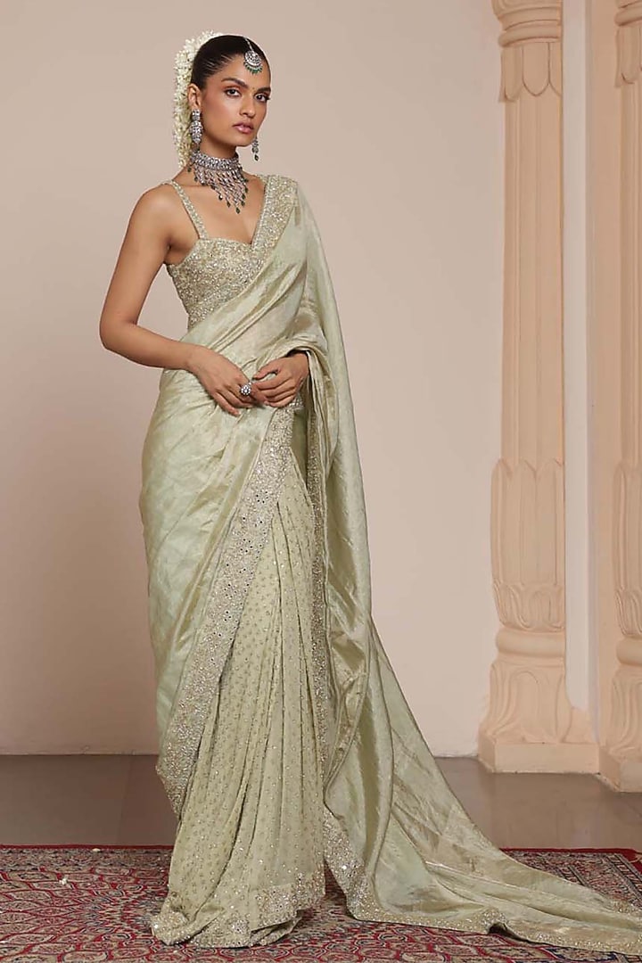 Sea Green Silk Tissue Bridal Saree Set by Arpita Mehta at Pernia's Pop Up Shop
