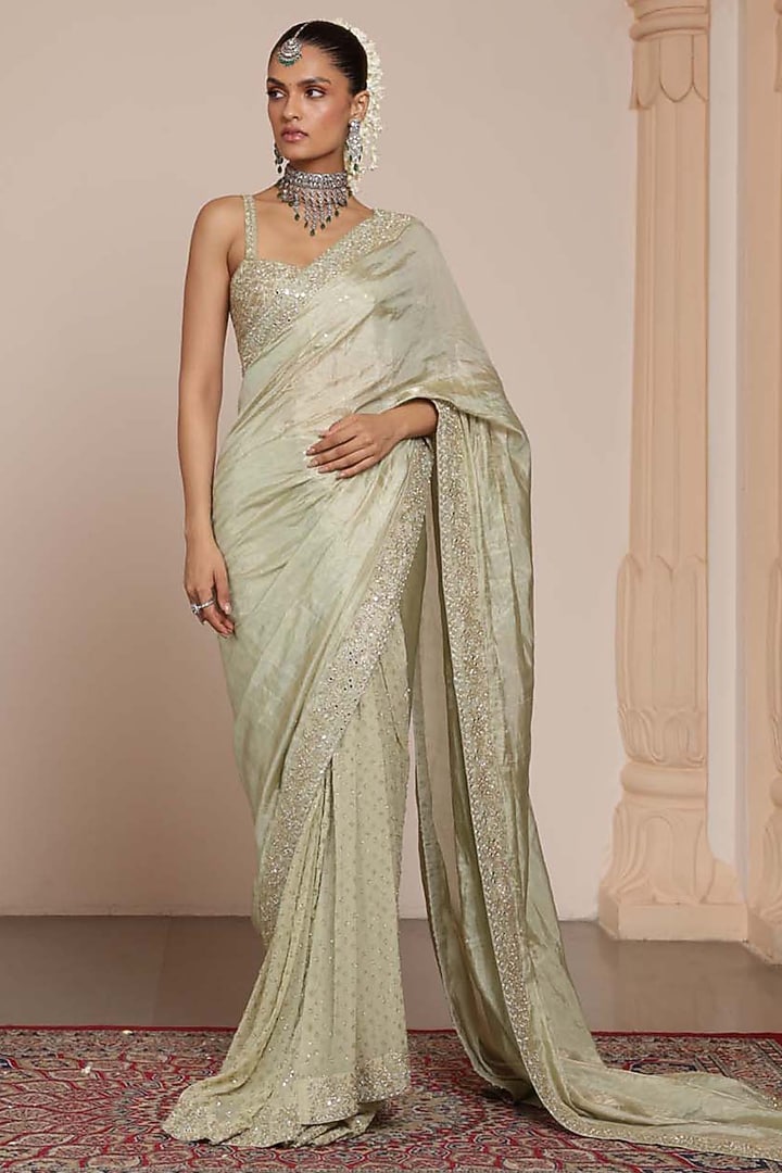Sea Green Silk Tissue Bridal Saree Set by Arpita Mehta at Pernia's Pop Up Shop