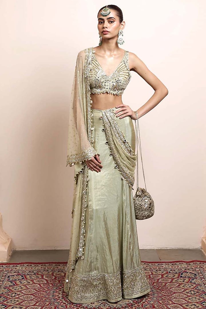 Sea Green Silk Tissue Embroidered Draped Bridal Saree Set by Arpita Mehta at Pernia's Pop Up Shop
