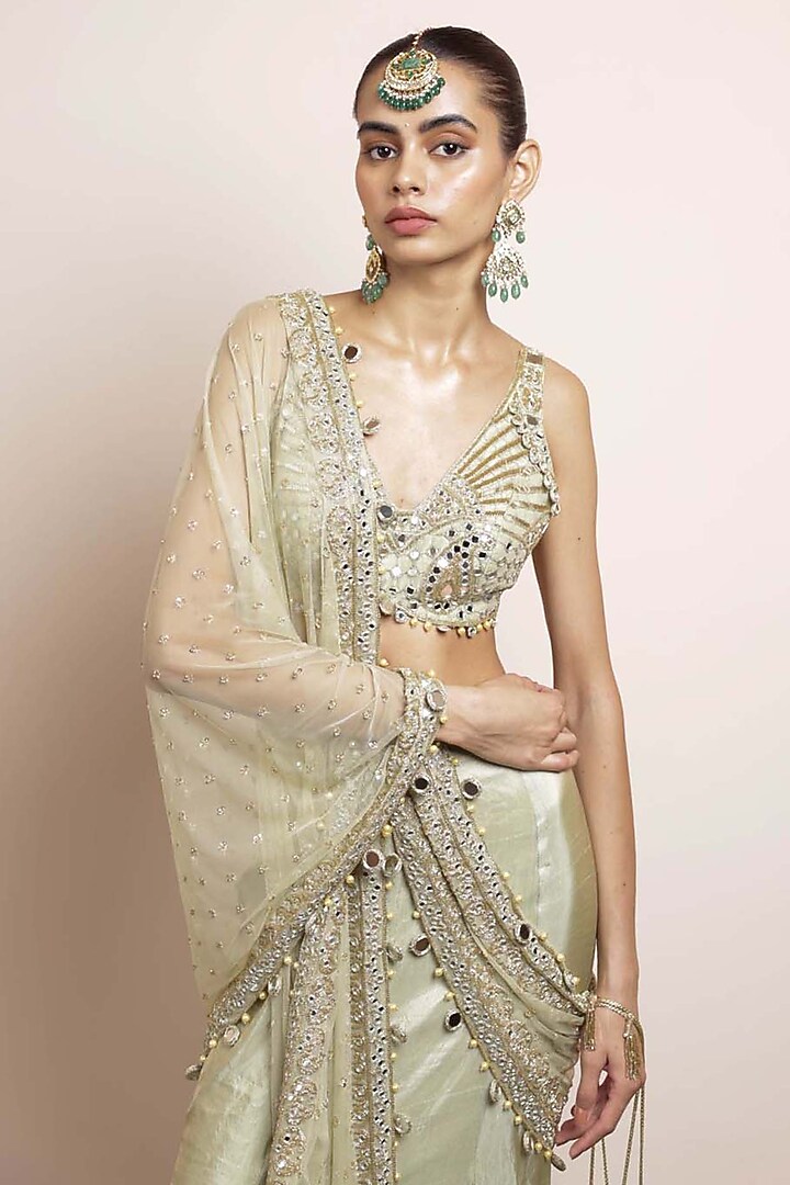 Sea Green Silk Tissue Embroidered Draped Bridal Saree Set by Arpita Mehta at Pernia's Pop Up Shop