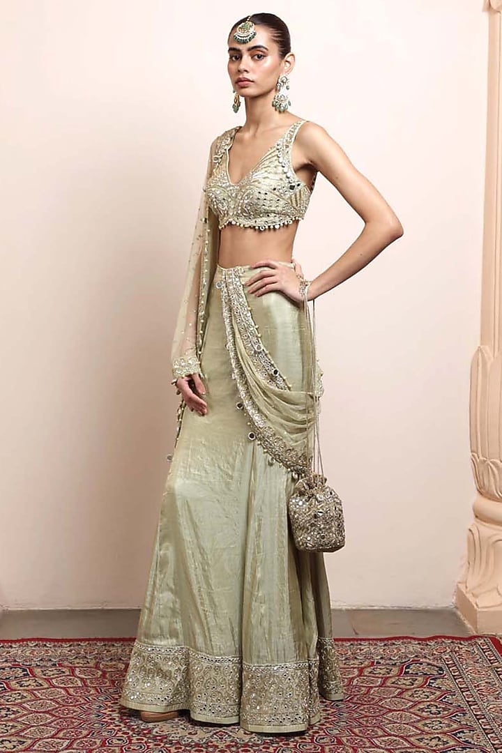 Sea Green Silk Tissue Embroidered Draped Bridal Saree Set by Arpita Mehta at Pernia's Pop Up Shop