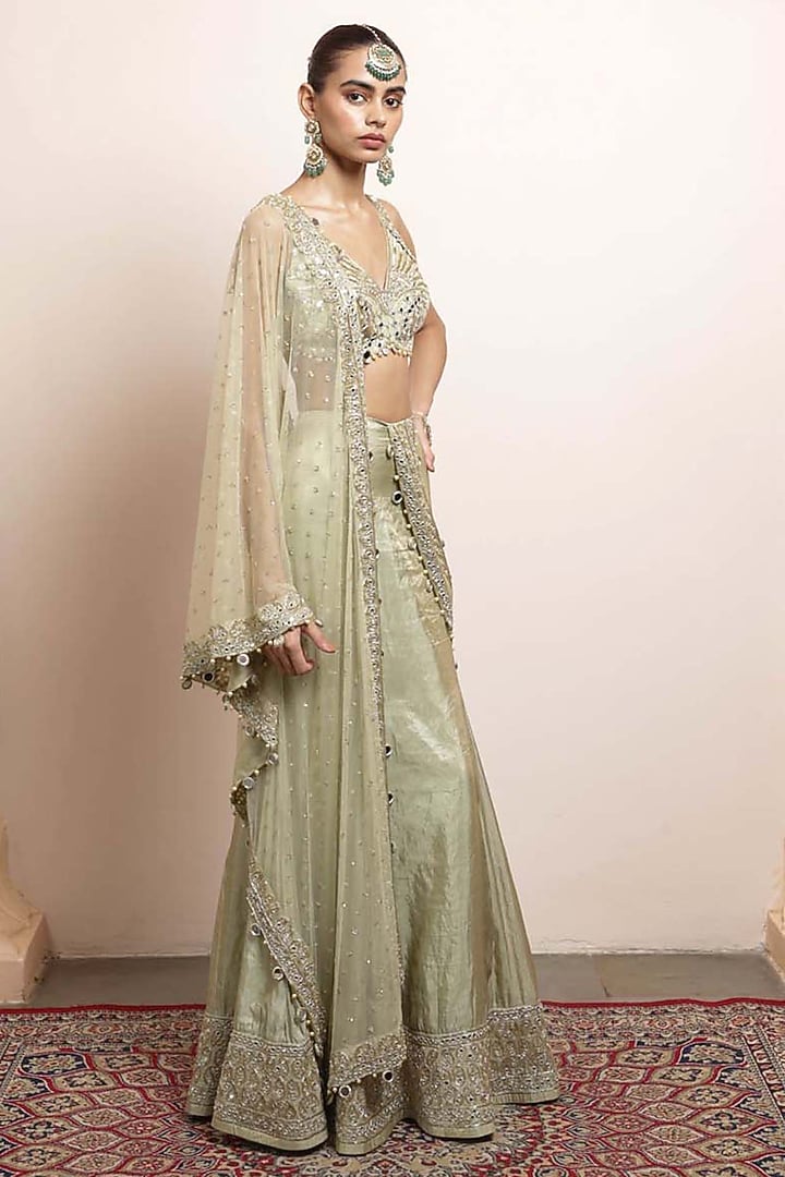 Sea Green Silk Tissue Embroidered Draped Bridal Saree Set by Arpita Mehta at Pernia's Pop Up Shop