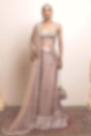 Old Rose Silk Tissue Embroidered Draped Bridal Saree Set by Arpita Mehta at Pernia's Pop Up Shop