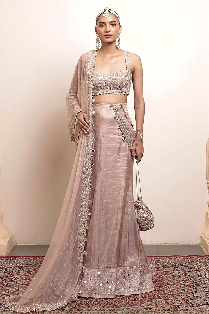 Old Rose Silk Tissue Embroidered Draped Bridal Saree Set by Arpita Mehta at Pernia's Pop Up Shop