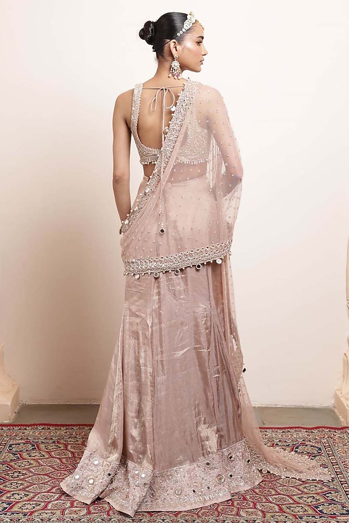 Old Rose Silk Tissue Embroidered Draped Bridal Saree Set by Arpita Mehta at Pernia's Pop Up Shop