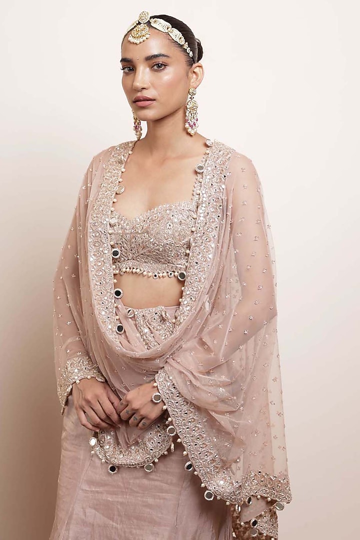Old Rose Silk Tissue Embroidered Draped Bridal Saree Set by Arpita Mehta at Pernia's Pop Up Shop