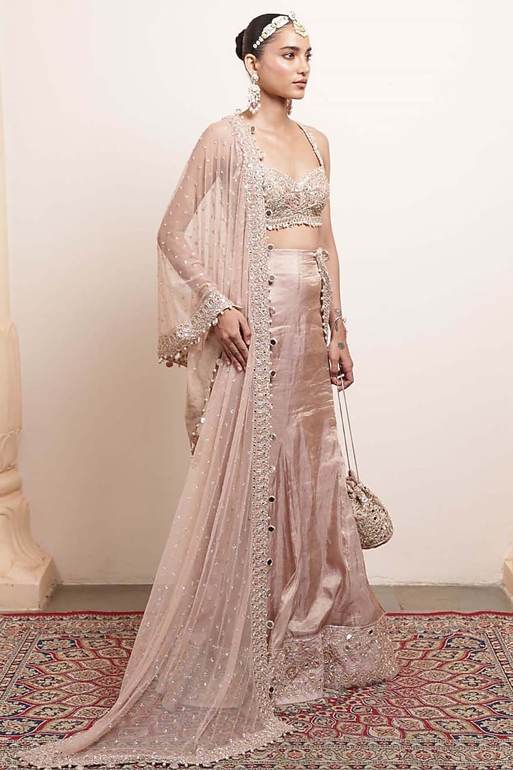 Old Rose Silk Tissue Embroidered Draped Bridal Saree Set by Arpita Mehta at Pernia's Pop Up Shop
