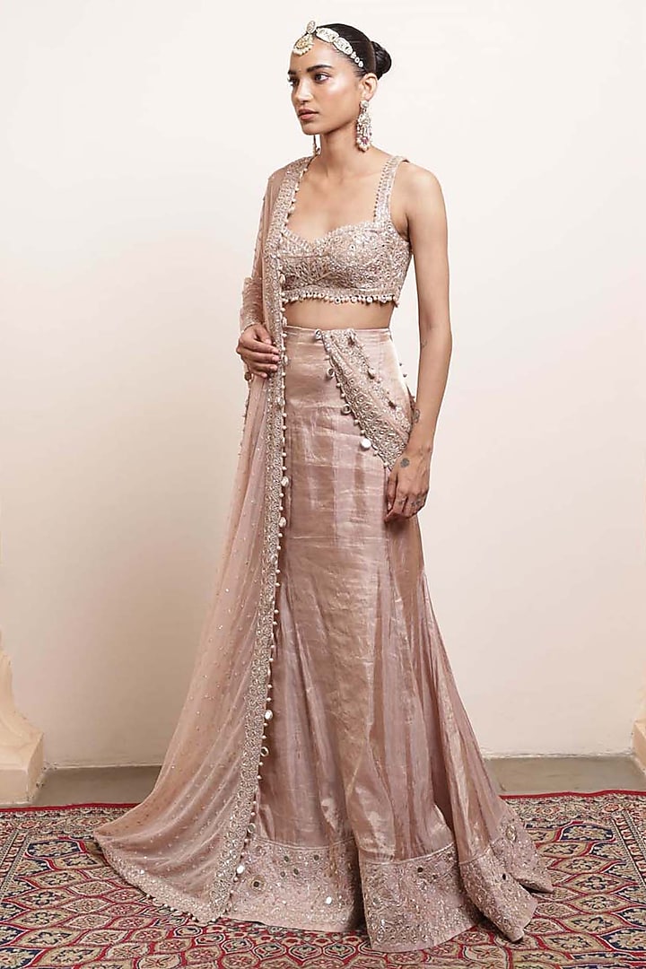 Old Rose Silk Tissue Embroidered Draped Bridal Saree Set by Arpita Mehta at Pernia's Pop Up Shop