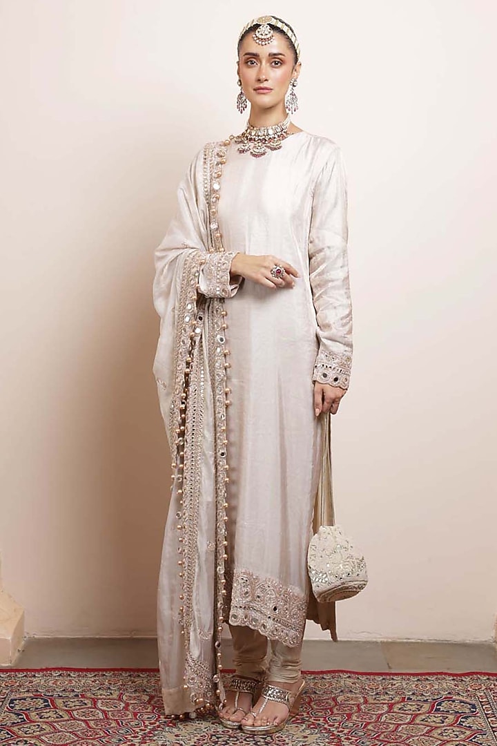 Rose Gold Silk Tissue Kurta Set by Arpita Mehta at Pernia's Pop Up Shop