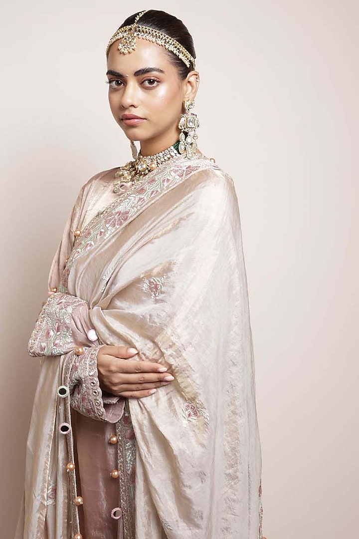 Rose Gold Silk Tissue Kurta Set by Arpita Mehta at Pernia's Pop Up Shop