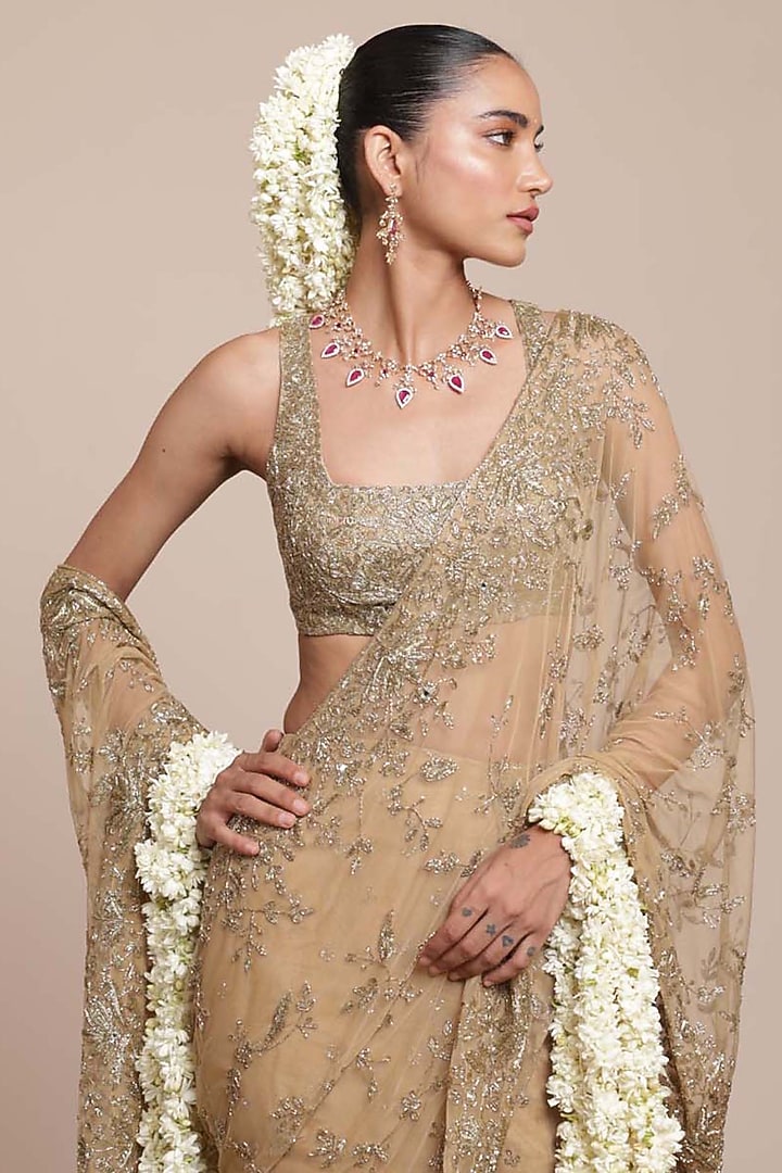 Skin & Beige Gold Net Skirt Bridal Saree Set by Arpita Mehta at Pernia's Pop Up Shop