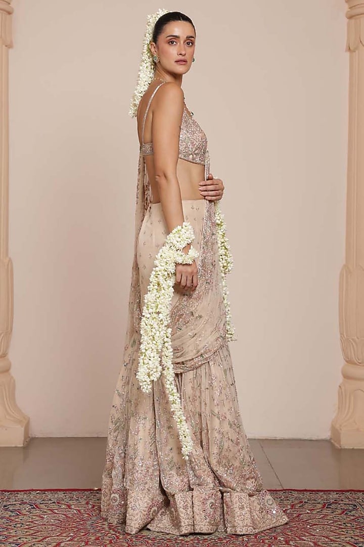 Coconut-Colored & Rose Gold Net Embroidered Skirt Bridal Saree Set by Arpita Mehta at Pernia's Pop Up Shop