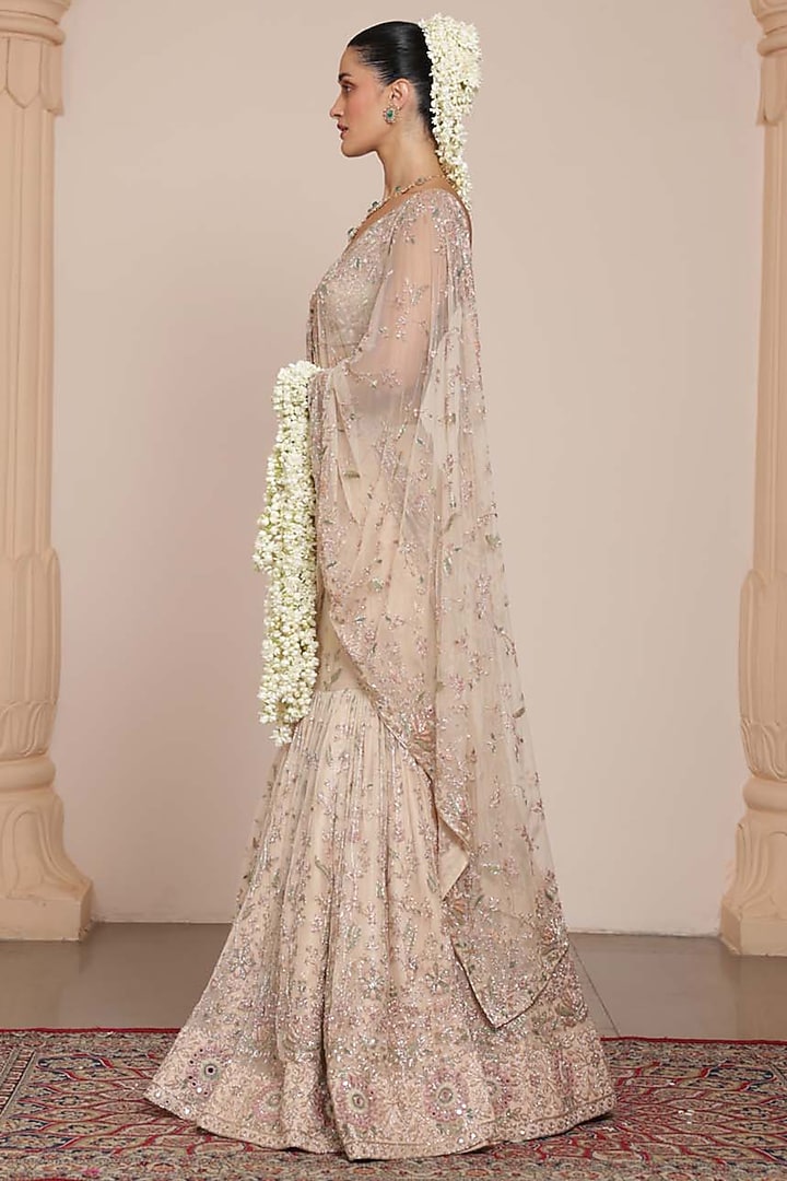 Coconut-Colored & Rose Gold Net Embroidered Skirt Bridal Saree Set by Arpita Mehta at Pernia's Pop Up Shop