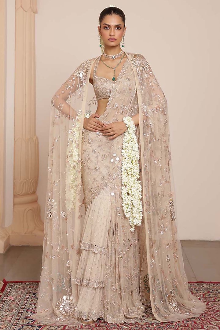 Light Nude Georgette Embellished Bridal Saree Set by Arpita Mehta at Pernia's Pop Up Shop