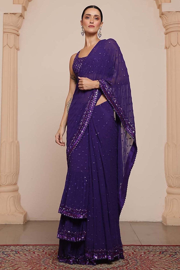 Purple Georgette Tiered Ruffled Bridal Saree Set by Arpita Mehta at Pernia's Pop Up Shop