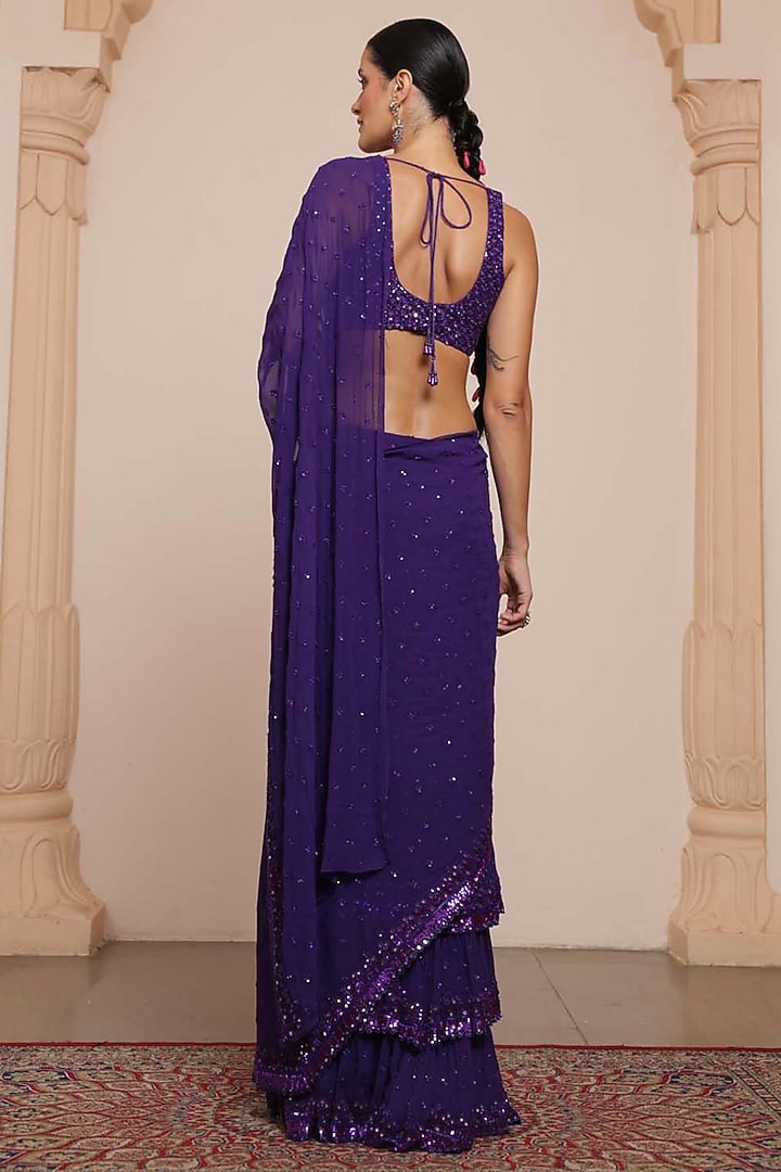 Purple Georgette Tiered Ruffled Bridal Saree Set by Arpita Mehta at Pernia's Pop Up Shop