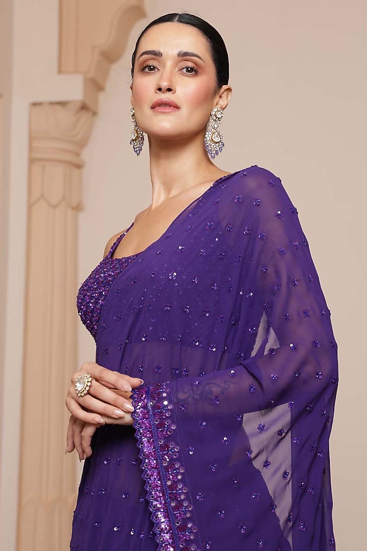 Purple Georgette Tiered Ruffled Bridal Saree Set by Arpita Mehta at Pernia's Pop Up Shop