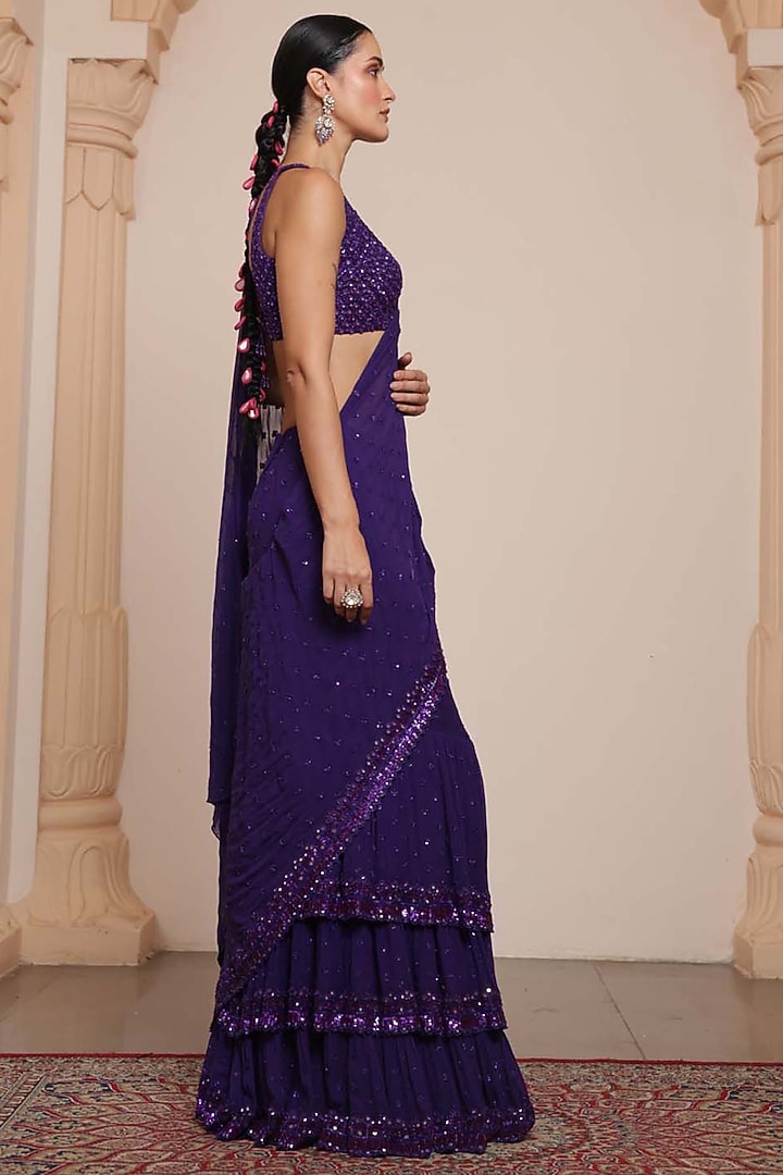 Purple Georgette Tiered Ruffled Bridal Saree Set by Arpita Mehta at Pernia's Pop Up Shop