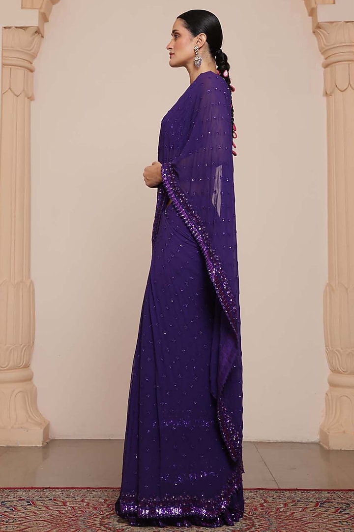 Purple Georgette Tiered Ruffled Bridal Saree Set by Arpita Mehta at Pernia's Pop Up Shop