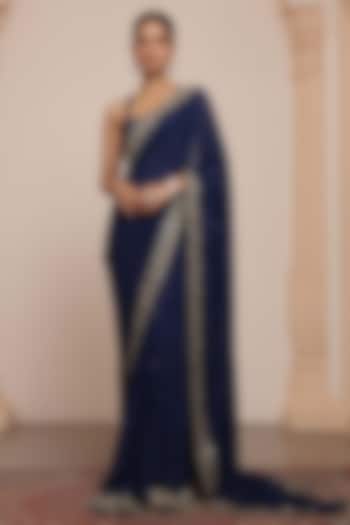 Midnight Blue & Gold Georgette Bridal Saree Set by Arpita Mehta at Pernia's Pop Up Shop