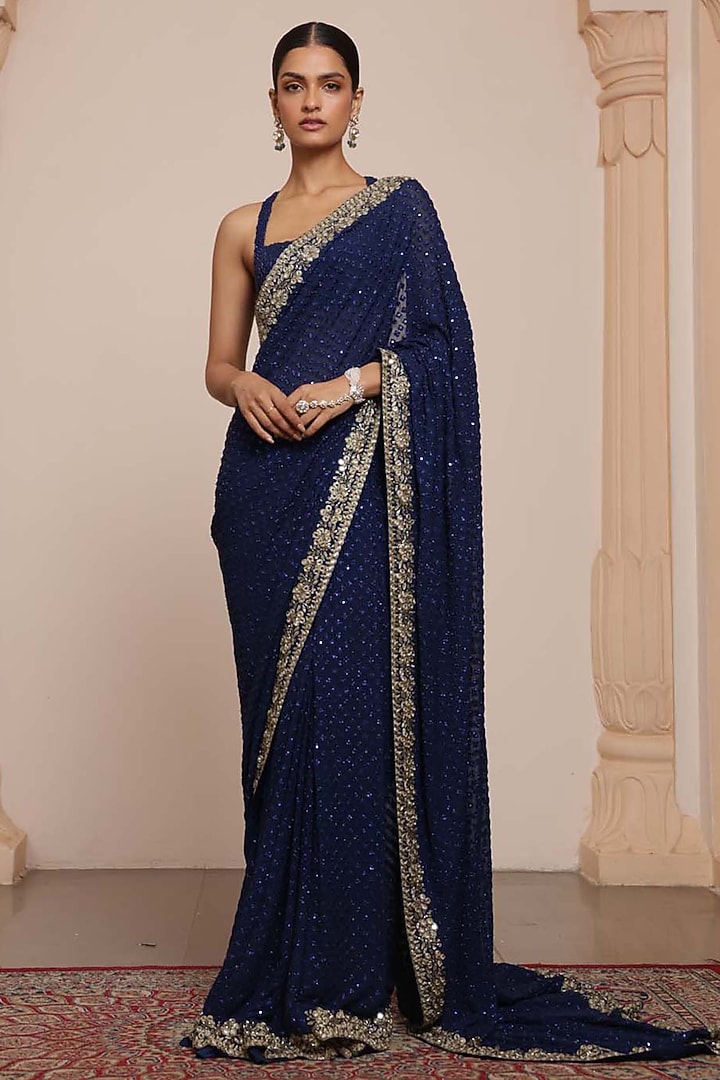 Midnight Blue & Gold Georgette Bridal Saree Set by Arpita Mehta at Pernia's Pop Up Shop