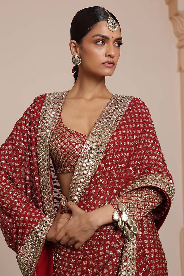 Red & Beige Gold Georgette Bridal Saree Set by Arpita Mehta at Pernia's Pop Up Shop