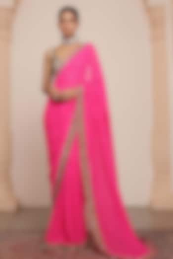 Pink Georgette Embroidered Reception Saree Set by Arpita Mehta at Pernia's Pop Up Shop