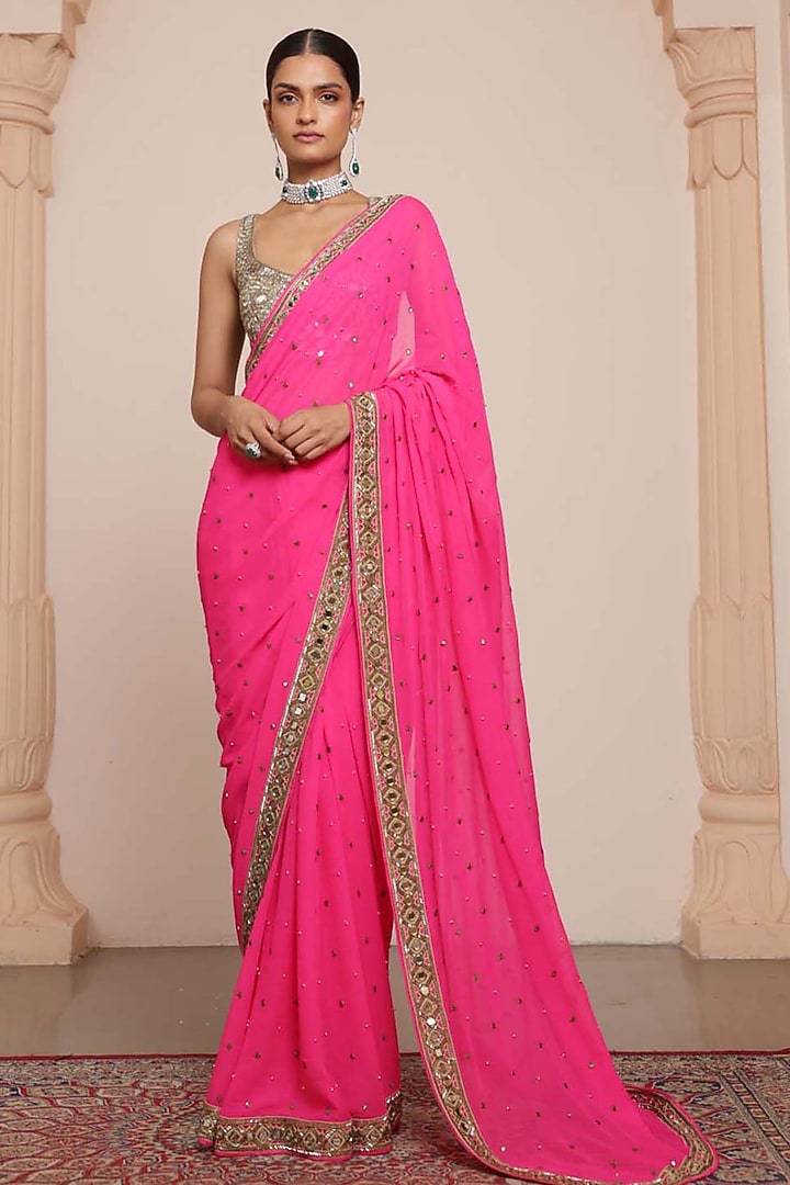 Pink Georgette Embroidered Reception Saree Set by Arpita Mehta at Pernia's Pop Up Shop
