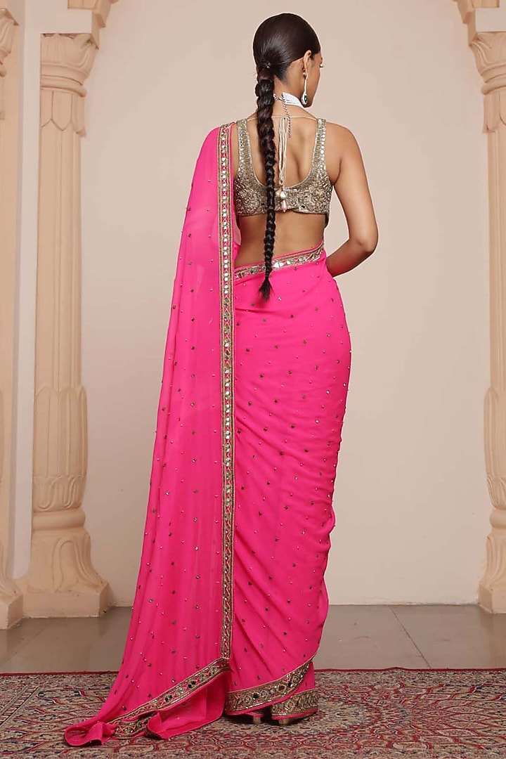 Pink Georgette Embroidered Reception Saree Set by Arpita Mehta at Pernia's Pop Up Shop