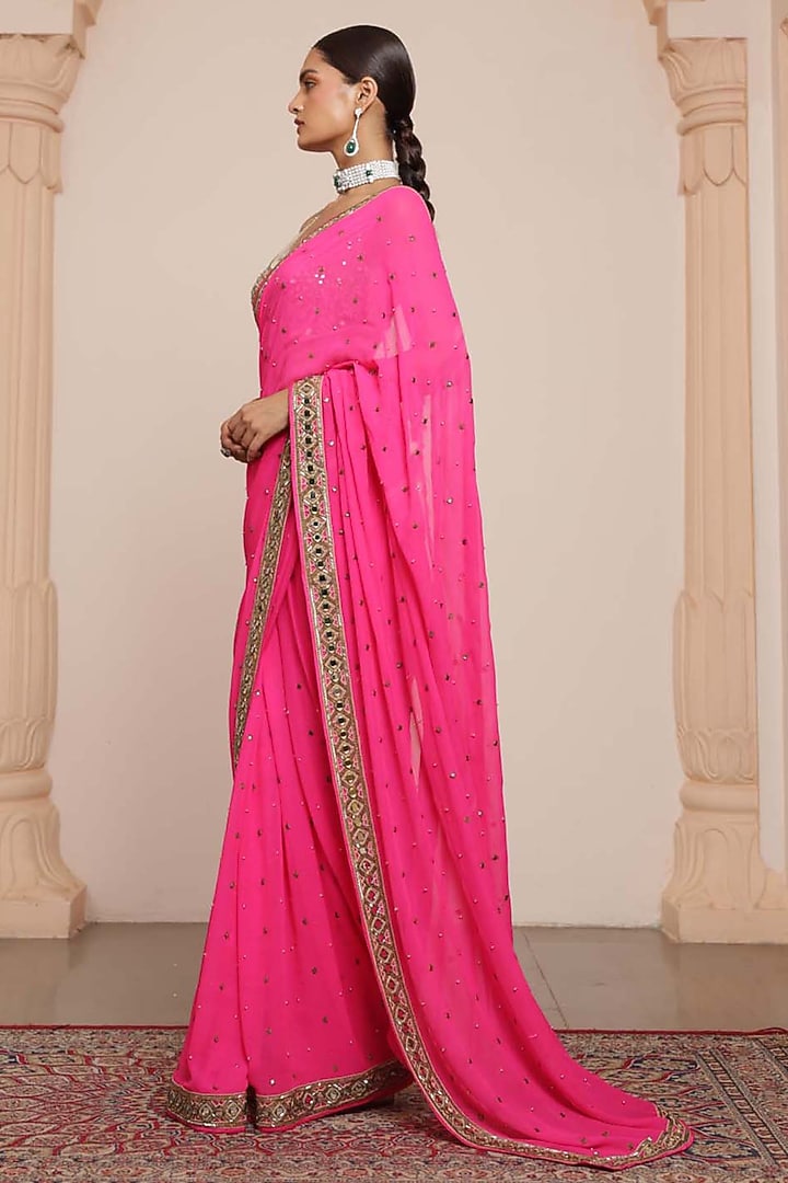 Pink Georgette Embroidered Reception Saree Set by Arpita Mehta at Pernia's Pop Up Shop