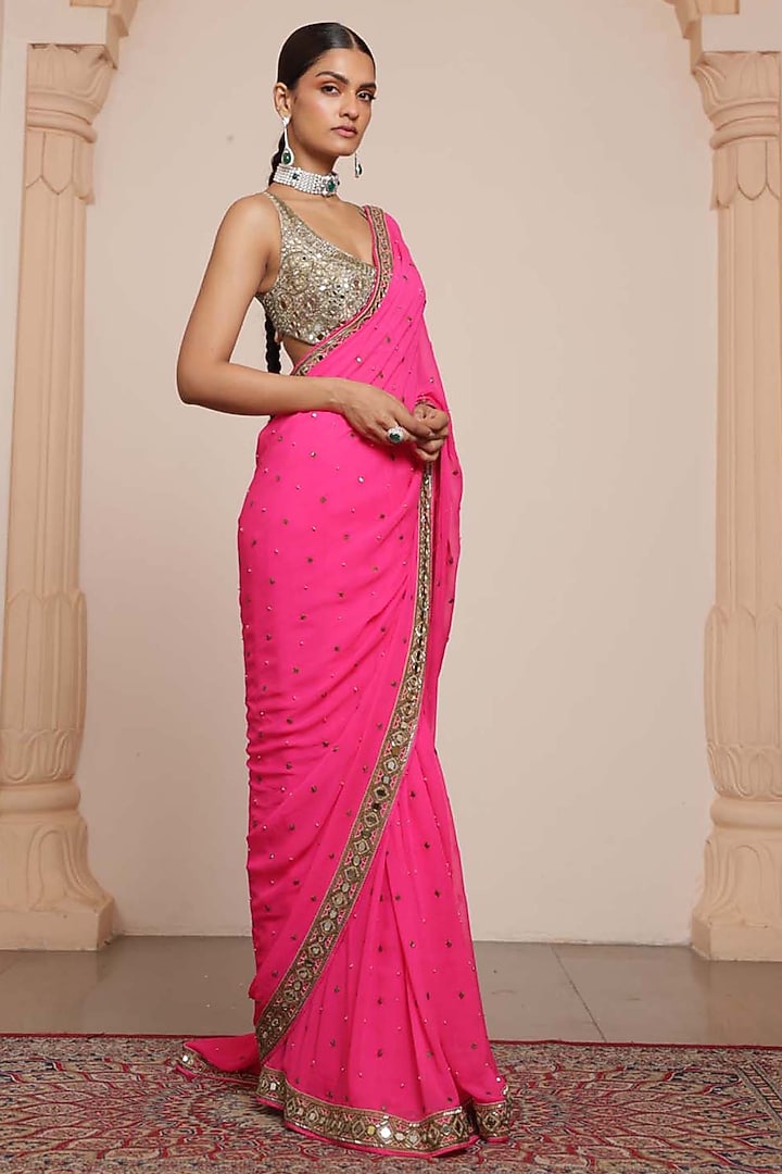 Pink Georgette Embroidered Reception Saree Set by Arpita Mehta at Pernia's Pop Up Shop