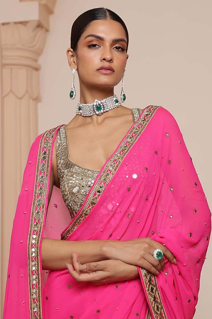 Pink Georgette Embroidered Reception Saree Set by Arpita Mehta at Pernia's Pop Up Shop