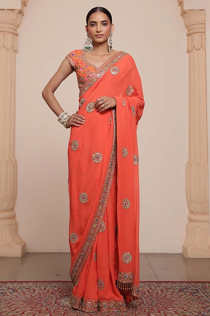 Orange Georgette Embroidered Bridal Saree Set by Arpita Mehta at Pernia's Pop Up Shop