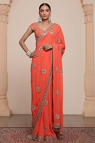 Orange Georgette Embroidered Saree Set by Arpita Mehta