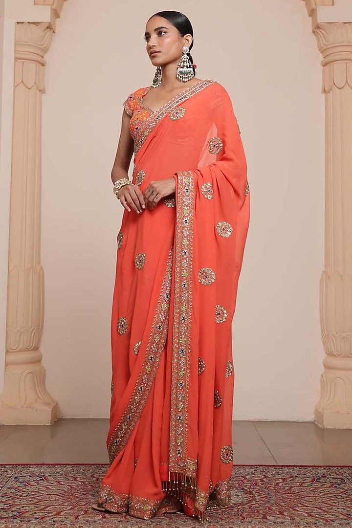 Orange Georgette Embroidered Bridal Saree Set by Arpita Mehta at Pernia's Pop Up Shop