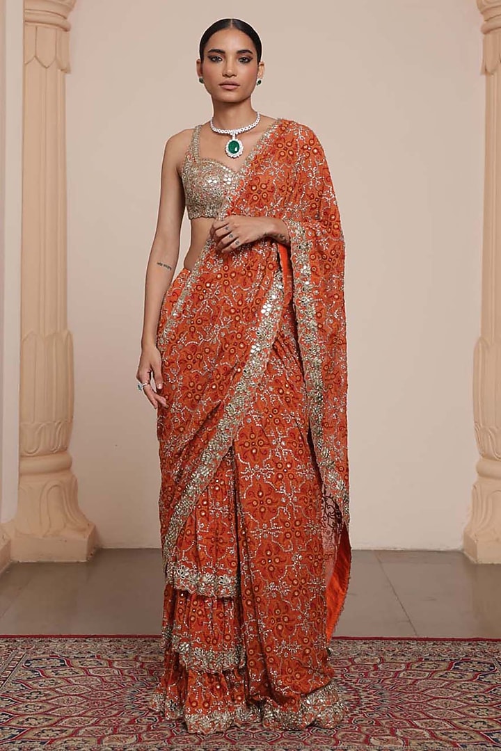 Orange & Gold Georgette Tiered Ruffled Bridal Saree Set by Arpita Mehta at Pernia's Pop Up Shop