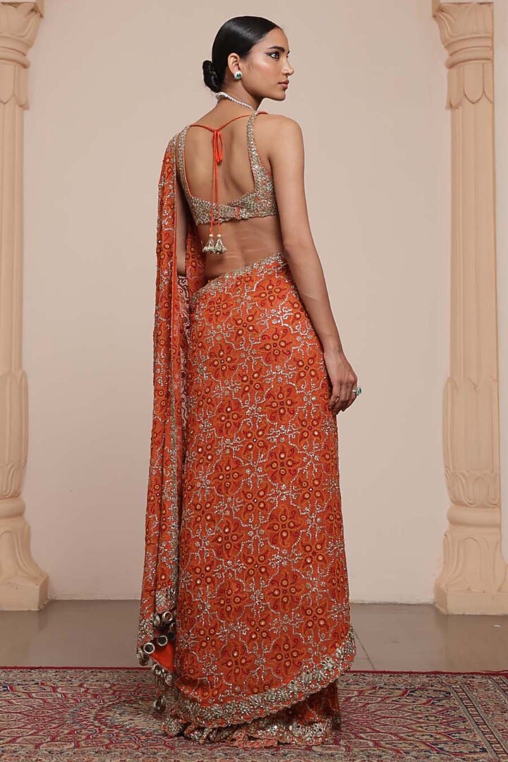 Orange & Gold Georgette Tiered Ruffled Bridal Saree Set by Arpita Mehta at Pernia's Pop Up Shop